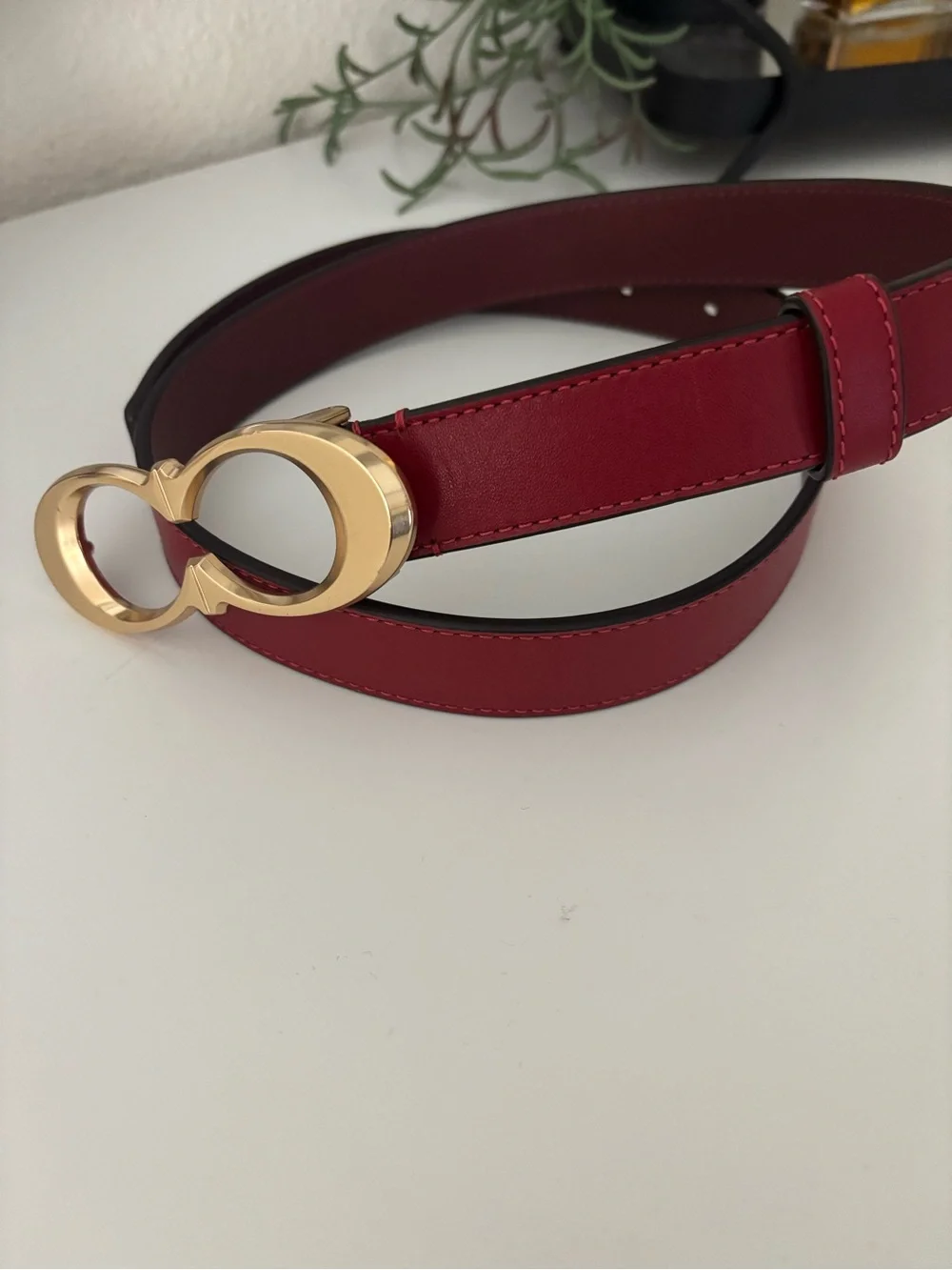 Coach Red Leather Belt with Gold Signature Buckle NWOT
